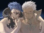  2boys archer_(fate) au_ra black_nails blue_hair collarbone commentary_request cu_chulainn_(fate)_(all) dark_skin dark_skinned_male dragon_horns fate/stay_night fate_(series) final_fantasy final_fantasy_xiv fusion gradient gradient_background grey_eyes highres horns long_hair looking_at_viewer male_focus mondi_hl monsterification multiple_boys open_mouth red_eyes scales short_hair simple_background smile tongue tongue_out upper_body 