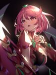  1girl :o absurdres armor bangs black_background black_gloves blush breasts chest_jewel commentary_request earrings eyebrows_visible_through_hair fingerless_gloves gloves highres holding holding_sword holding_weapon jewelry large_breasts looking_to_the_side open_mouth pyra_(xenoblade) red_eyes red_hair roi_(liu_tian) short_hair shoulder_armor simple_background solo sword tiara upper_body weapon wrist_guards xenoblade_chronicles_(series) xenoblade_chronicles_2 