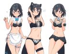  1girl absurdres alternate_costume apron bangs bare_arms bare_shoulders bikini black_bikini black_hair blue_bow blue_eyes blue_neckwear blush bow bowtie breasts cleavage cowboy_shot disconnected_mouth frilled_apron frills greater_lophorina_(kemono_friends) groin hair_between_eyes head_wings highres kemono_friends leg_garter looking_at_viewer maid_bikini medium_breasts multiple_views navel open_mouth shiraha_maru short_hair simple_background smile spoken_blush stomach swimsuit tail waist_apron white_background 