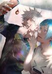  1boy 1girl absurdres black_jacket blue_eyes blue_hair blurry blurry_background blush cellphone crossed_fingers glint gojou_satoru hand_up highres holding holding_phone jacket jujutsu_kaisen keychain kyuuba_melo long_hair long_sleeves looking_at_phone looking_at_viewer looking_to_the_side miwa_kasumi open_mouth outstretched_arm phone print_shirt selfie shirt short_hair short_sleeves smartphone smile sweatdrop teeth upper_body v v_over_mouth white_hair white_shirt wide-eyed 