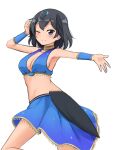  1girl ;) absurdres alternate_costume bangs bare_shoulders black_hair blue_skirt blush bracer breasts dancer disconnected_mouth greater_lophorina_(kemono_friends) head_wings highres kemono_friends medium_breasts midriff one_eye_closed outstretched_arm shiraha_maru short_hair simple_background skirt smile solo tail twisted_torso twitter_username white_background 
