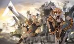  12f_(arknights) aak_(arknights) animal_ears arknights bangs bare_shoulders beige_fur black_tank_top castle-3_(arknights) chain character_request dog_boy dog_ears furry group_picture highres horns hung_(arknights) lancet-2_(arknights) male_focus medium_hair mountain_(arknights) multicolored_hair orange_eyes pants rangers_(arknights) robot scar scar_across_eye short_hair single_horn sitting spot_(arknights) streaked_hair tail tank_top tiger_boy tiger_ears two-tone_fur white_fur white_hair white_pants yukiusagi1983 