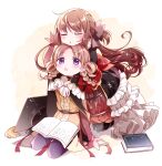  2girls arm_support arms_around_neck ayumaru_(art_of_life) beige_background black_cape black_legwear book book_on_lap braid brown_hair brown_ribbon cape chin_on_head closed_eyes curly_hair dress expressionless eyebrows_visible_through_hair facing_viewer frilled_dress frilled_sleeves frills full_body furrowed_eyebrows gradient gradient_background hair_ribbon hair_rings hat head_rest highres hiiragi_nemu kneeling layered_dress light_blush light_brown_hair long_hair long_sleeves looking_at_another looking_up magia_record:_mahou_shoujo_madoka_magica_gaiden mahou_shoujo_madoka_magica mortarboard multiple_girls open_book open_mouth pantyhose parted_lips purple_eyes purple_legwear red_ribbon ribbon satomi_touka seiza shiny shiny_hair simple_background sitting sleeves_past_wrists sparkle tassel twin_braids white_background wide_sleeves 