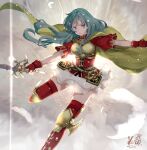  1girl armor artist_name blue_eyes blue_hair boots breastplate breasts cape dated eirika_(fire_emblem) fingerless_gloves fire_emblem fire_emblem:_the_sacred_stones fire_emblem_heroes gloves holding holding_sword holding_weapon jewelry kero_sweet looking_away red_gloves red_legwear short_sleeves signature skirt solo sword thigh_boots thighhighs weapon white_skirt 