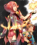 1girl 2boys azurda_(xenoblade) bangs black_gloves breasts chest_jewel earrings fingerless_gloves fire gloves highres jewelry large_breasts multiple_boys pyra_(xenoblade) red_eyes red_hair red_legwear red_shorts rex_(xenoblade) shiroxai short_hair short_shorts shorts swept_bangs thighhighs tiara xenoblade_chronicles_(series) xenoblade_chronicles_2 