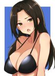  1girl bangs bare_shoulders bikini black_bikini blue_background blush border breasts brown_hair chestnut_mouth cleavage collarbone commentary_request eyebrows_visible_through_hair green_eyes halter_top halterneck head_tilt idolmaster idolmaster_cinderella_girls large_breasts long_hair looking_at_viewer mukai_takumi open_mouth outside_border parted_bangs shiny shiny_hair sidelocks simple_background solo sweatdrop swimsuit tomajiyama upper_body white_border 