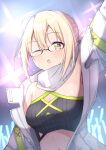  1girl ahoge arm_up armpit_peek artoria_pendragon_(all) asashin_(asn) blonde_hair braid braided_bun breasts cleavage coat eyebrows_visible_through_hair fate/grand_order fate_(series) french_braid glasses glowstick hair_between_eyes hair_bun highres idol looking_at_viewer medium_breasts midriff mysterious_heroine_x_(alter)_(fate) navel one_eye_closed open_clothes open_coat open_mouth short_hair solo stage sweat upper_body white_coat yellow_eyes 