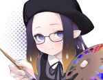  amejaga beret blush bow forehead glasses hat highres holding holding_paintbrush hololive hololive_english light_smile looking_at_viewer mole mole_under_eye multicolored_hair ninomae_ina&#039;nis orange_hair paintbrush palette pointy_ears purple_eyes purple_hair shirt striped striped_shirt tentacle_hair virtual_youtuber 