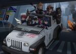  4girls 5girls ;d absurdres animal_ear_fluff animal_ears arknights bad_perspective bird black_hair brown_hair bullet_hole car clenched_hand croissant_(arknights) destruction driving emperor_penguin explosion expressionless exusiai_(arknights) fist_pump ground_vehicle halo highres jeep kiryuu_haru_(445) long_hair looking_back motor_vehicle multiple_girls one_eye_closed open_mouth penguin penguin_logistics_(arknights) raised_fist red_hair road shield short_hair smile smoke smug sora_(arknights) street sunglasses texas_(arknights) weapon wings wolf_ears wolf_girl 