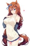  1girl :p animal_ears black_scrunchie blue_bow blue_eyes bow braid breasts brown_hair detached_sleeves front_braid hair_between_eyes hair_bow hair_ornament hair_scrunchie highres horse_ears horse_tail large_breasts long_hair looking_at_viewer mel_(melty_pot) scrunchie simple_background sleeveless_sweater solo super_creek_(umamusume) sweater tail thighs tongue tongue_out turtleneck turtleneck_sweater umamusume very_long_hair white_background white_sweater 