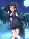  1girl ;d adapted_costume american_beaver_(kemono_friends) american_beaver_(kemono_friends)_(cosplay) arm_up bike_shorts bike_shorts_under_shorts black_bra black_eyes black_gloves black_hair black_shirt black_shorts blush bra breasts cosplay cutoffs elbow_gloves eyebrows_visible_through_hair full_moon gloves greater_lophorina_(kemono_friends) head_wings highres kemono_friends looking_at_viewer medium_breasts moon night one_eye_closed open_clothes open_mouth open_shirt outdoors shiraha_maru shirt short_hair short_shorts short_sleeves shorts smile solo stick tail tree twitter_username underwear 