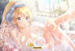  1girl bathing bathtub blonde_hair blue_eyes bow breasts bubble chestnut_mouth cleavage emori_miku_project emu_alice gomano_rio hair_bow highres large_breasts legs_up long_hair nude parted_lips ponytail soap_bubbles solo 