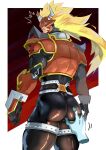  1boy armor ass ass_focus ass_grab bara black_bodysuit blonde_hair blush bodysuit character_request digimon disembodied_limb from_behind highres horns latex_pants long_hair male_focus mask muscular muscular_male skin_tight skindentation solo_focus thick_thighs thighs tofu_(tofulabo) 
