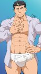  1boy abs bara beard black_hair briefs bulge erection erection_under_clothes facial_hair feet_out_of_frame hand_on_own_chest highres kirupi large_pectorals looking_at_viewer male_cleavage male_focus male_underwear mature_male muscular muscular_male navel navel_hair nipples no_pants open_clothes open_shirt pectorals short_hair sideburns solo standing stomach stubble thick_thighs thighs tokyo_houkago_summoners underwear white_male_underwear zabaniya_(tokyo_houkago_summoners) 