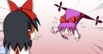  2girls black_hair bow chibi commentary_request commission detached_sleeves dual_persona emphasis_lines falling flying_sweatdrops gap_(touhou) hair_bow hair_tubes hakurei_reimu hakurei_reimu_(pc-98) long_hair looking_at_another motion_lines multiple_girls o_o pink_background pixiv_request purple_hair rakugaki-biyori short_hair sidelocks simple_background spit_take spitting touhou touhou_(pc-98) very_long_hair 