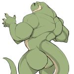  absurd_res anthro back_muscles big_butt butt darknaigart dinosaur green_body hi_res looking_back male muscular muscular_anthro muscular_male nude rear_view reptile scalie simple_background solo white_background 