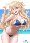  1girl artist_name ass_visible_through_thighs bikini blonde_hair blue_bikini blue_eyes blue_sky breasts cloud collarbone commentary_request cowboy_shot highres horizon iowa_(kancolle) kantai_collection large_breasts looking_at_viewer ocean open_mouth sky solo star-shaped_pupils star_(symbol) swimsuit symbol-shaped_pupils t2r thigh_gap 