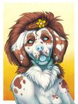  accessory anthro bird_dog blue_nose blue_tongue breasts brown_hair canid canine canis cleavage clothed clothing clumber_spaniel dewlap_(anatomy) domestic_dog female floppy_ears flower flower_in_hair fur hair hair_accessory hi_res hunting_dog jowls looking_at_viewer mammal neck_tuft nude plant rainbowfoxy solo spaniel tongue tongue_out tuft white_body white_fur 