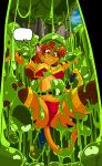  anthro armor clothed clothing covered_in_goo dungeon felid female feral goo_creature hair mammal melee_weapon orange_body orange_hair pantherine pink_ears red_eyes shonuff signature slime solo stripes sword textbox tiger unconvincing_armor warrior weapon worried 