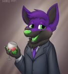  2021 alcohol anthro beverage black_body black_fur bust_portrait canid canine claws clothing eyebrows fan_character fangs fur green_eyes green_nose green_tongue grey_background head_tuft hi_res hirurux holding_beverage holding_object humanoid_pointy_ears looking_at_viewer male mammal multicolored_body multicolored_fur neck_tuft necktie pawpads portrait purple_body purple_fur raised_eyebrows shirt simple_background smile solo suit teeth tongue topwear tuft wine wine_glass 