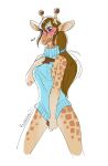  anthro blush bottomless brown_hair clothed clothing embarrassed female fur giraffe giraffid hair hi_res horn long_hair mammal meme meme_clothing open_mouth ossicone sokyogoku solo spots spotted_body spotted_fur sweater tan_body tan_fur topwear turtleneck virgin_killer_sweater 