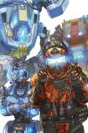  1boy 1girl blue_eyes crossed_arms double_v explosive extra_eyes glowing glowing_eyes grenade highres humanoid_robot kotone_a legion_(titanfall_2) looking_at_viewer looking_down looking_to_the_side mecha northstar_(titanfall) pouch science_fiction simulacrum_(titanfall) titanfall_(series) titanfall_2 v visor 