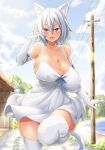  1girl bare_shoulders blue_sky blush breasts cleavage cloud covered_nipples dark_skin dark_skinned_female demekyon dress elbow_gloves gloves hair_between_eyes looking_at_viewer medium_hair original outdoors red_eyes silver_hair sky sleeveless sleeveless_dress solo sweat tail tan tanline thighhighs utility_pole white_dress white_gloves white_legwear 