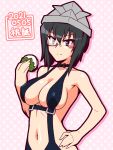  1girl black_hair black_neckwear black_swimsuit blush breasts brown_eyes choker cleavage closed_mouth covered_nipples dated eyebrows_visible_through_hair food girls_und_panzer hand_on_hip kashiwa_mochi_(food) kawashima_momo large_breasts monocle navel oosaka_kanagawa polka_dot polka_dot_background shiny shiny_hair short_hair simple_background slingshot_swimsuit smile solo swimsuit swimwear 