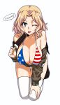  1girl american_flag_bikini bikini bikini_top blonde_hair blue_eyes blush breasts brown_jacket flag_print girls_und_panzer hair_intakes jacket kay_(girls_und_panzer) kneeling large_breasts long_hair looking_at_viewer one_eye_closed oosaka_kanagawa open_clothes open_jacket shiny shiny_hair shiny_skin simple_background solo swimsuit thighhighs white_background white_legwear 