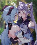  2girls ahoge arm_around_waist back bangs bare_shoulders black_gloves blue_hair blurry blurry_background blush braid detached_sleeves dress finger_to_another&#039;s_mouth flower from_behind ganyu_(genshin_impact) genshin_impact gloves goat_horns hair_cones hair_flower hair_ornament horns hug keqing_(genshin_impact) long_hair long_sleeves looking_at_another multiple_girls negom purple_dress purple_hair sidelocks tassel twintails twitter_username upper_body very_long_hair yuri 