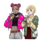  2girls alternate_costume apex_legends bag bangs beige_sweater belt blue_eyes blush bubble_tea clothing_cutout collarbone dark_skin dark_skinned_female double_bun drinking drinking_straw drinking_straw_in_mouth fashion grey_pants hair_behind_ear handbag highres jacket lifeline_(apex_legends) looking_to_the_side multiple_girls navel pants pink_hair pink_jacket red_belt red_skirt sakanamaru scar scar_on_cheek scar_on_face shawl short_hair shoulder_cutout skirt smile sweater sweater_tucked_in turtleneck turtleneck_sweater wattson_(apex_legends) white_background 