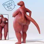  3d_(artwork) 5_fingers abstract_background anthro areola belly belly_overhang big_areola big_belly big_breasts big_butt big_nipples bigjoppa breasts butt butt_grab curvy_figure deep_navel dialogue digital_media_(artwork) dinosaur feet female fingers genitals glistening glistening_body green_eyes hand_on_butt hi_res huge_breasts huge_butt humanoid_feet looking_at_viewer mirror navel nipples non-mammal_breasts overweight overweight_anthro overweight_female pupils pussy red_body reptile scalie seductive slightly_chubby slit_pupils smile solo solo_focus speech_bubble standing text thick_thighs wide_hips 