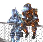  1boy 1girl backpack bag fence gloves helmet highres humanoid_robot kotone_a looking_down looking_to_the_side orange_gloves orange_scarf pilot_(titanfall_2) scarf science_fiction simulacrum_(titanfall) sitting titanfall_(series) titanfall_2 white_background 
