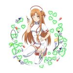  alpha_transparency asuna_(sao) full_body hand_on_hip highres holding holding_syringe kneeling leg_strap nurse official_art solo sword_art_online sword_art_online:_memory_defrag syringe thighhighs zettai_ryouiki 