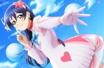  1girl absurdres bangs blue_hair blush bokutachi_wa_hitotsu_no_hikari choker earrings finger_to_mouth flower gloves hair_flower hair_ornament highres isami_don jewelry long_hair looking_at_viewer love_live! love_live!_school_idol_project outstretched_arm single_glove sky smile solo sonoda_umi swept_bangs yellow_eyes 
