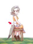  0x0082 1girl alternate_costume arrow_(symbol) back_bow bare_shoulders bow brown_footwear coat collar commentary_request dress enmaided extra_ears frilled_collar frills from_behind glasses grey_hair high_collar highres kemono_friends kemono_friends_3 looking_at_viewer maid maid_headdress meerkat_(kemono_friends) meerkat_ears meerkat_tail multicolored_hair necktie official_alternate_costume orange_dress short_hair sitting sleeve_cuffs sleeveless socks solo stool two-tone_hair white_bow white_coat white_hair white_legwear yellow_neckwear 