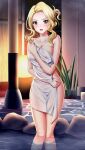 1girl blonde_hair blush breasts cleavage collarbone covering doukyuusei_2 doukyuusei_another_world game_cg large_breasts long_hair maijima_karen nude_cover official_art open_mouth outdoors red_eyes shiny shiny_skin soaking_feet solo standing tied_hair towel v-shaped_eyebrows white_towel 