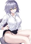  1girl ahoge alternate_costume black_skirt breasts fate/grand_order fate_(series) grey_hair highres jeanne_d&#039;arc_(alter)_(fate) jeanne_d&#039;arc_(fate)_(all) kohaku_teru medium_breasts miniskirt panties shirt short_hair side-tie_panties sitting skirt skirt_lift solo string_panties underwear untied untied_panties white_shirt yellow_eyes 