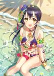  1boy 1girl bangs bikini blue_hair blush breasts commentary_request day flower hair_between_eyes hair_flower hair_ornament highres long_hair looking_at_viewer love_live! love_live!_school_idol_festival love_live!_school_idol_project ocean open_mouth outdoors ponytail sitting smile solo sonoda_umi swept_bangs swimsuit wading water wedo wet yellow_eyes 
