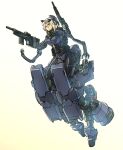  1girl absurdres android armor blonde_hair blue_eyes bodysuit cosplay dual_wielding expressionless gun gundam gundam_tekketsu_no_orphans hair_between_eyes highres holding ishiyumi jee-m103_kutan_type-iii jee-m103_kutan_type-iii_(cosplay) mechanical_buddy_universe momdroid_(mechanical_buddy_universe) science_fiction short_hair solo submachine_gun thrusters visor weapon 