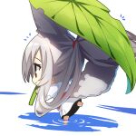  1girl animal_ears bangs chibi commentary_request fox_ears fox_girl fox_tail grey_hair hair_between_eyes highres japanese_clothes kimono leaf_umbrella long_sleeves looking_away obi original patches ponytail profile puddle reflection ripples sash solo tail water white_background white_kimono wide_sleeves yuuji_(yukimimi) 