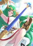 1girl arm_up armlet armpits bangs bracer breasts cloud commentary dress english_commentary eyebrows_visible_through_hair floating floating_hair floating_object floating_weapon forehead_jewel gold_necklace green_eyes green_hair grimmelsdathird highres jewelry kid_icarus kid_icarus_uprising large_breasts laurel_crown lips long_hair necklace open_mouth palutena parted_bangs shield signature single_thighhigh sky smile solo staff strapless strapless_dress teeth thighhighs very_long_hair weapon white_dress 