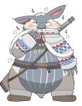  2021 anthro belly blush clothed clothing fur gayousi7 grey_body grey_fur hi_res japanese_text kemono lagomorph leporid mammal overweight paws rabbit simple_background solo text white_background 