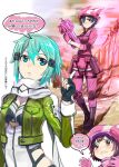  3girls :&lt; aqua_hair blue_eyes boots braid breasts brown_hair bullpup cleavage commentary_request cosplay dual_persona elbow_pads fingerless_gloves gloves gun index_finger_raised knee_pads kohiruimaki_karen llenn_(sao) llenn_(sao)_(cosplay) mikazuki_akira! multiple_girls p-chan_(p-90) p90 parted_lips pink_bandana pink_gloves scarf side_braid sinon submachine_gun sword_art_online translation_request weapon 