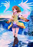  1girl black_footwear boots brown_bag brown_jacket commentary_request day eyebrows_visible_through_hair floating_hair gloves highres jacket kanon leaf long_sleeves looking_at_viewer maple_leaf mikazuki_akira! mittens outdoors parted_lips red_eyes red_gloves short_hair short_shorts shorts smile snow snowing solo sweater tree tsukimiya_ayu turtleneck turtleneck_sweater winter_clothes 