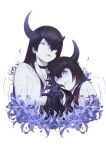  2girls abyssal_ship akira_(kadokawa) black_hair black_horns claws colored_skin flower hair_over_one_eye hands_together horns kantai_collection lips long_hair multiple_girls night_strait_princess_(black) night_strait_princess_(white) official_art pale_skin purple_eyes upper_body white_background white_skin 