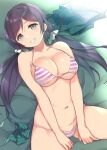  1girl bikini bow bowtie bowtie_removed breasts deyuuku green_eyes hair_ornament hair_scrunchie large_breasts looking_at_viewer love_live! love_live!_school_idol_project low_twintails lying navel on_back purple_hair scrunchie smile solo striped striped_bikini swimsuit toujou_nozomi twintails white_scrunchie 