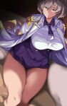  1boy 1girl blue_eyes breasts cafekun censored closed_mouth curvy highres jacket large_breasts military_jacket mini_necktie mosaic_censoring mujina nude open_clothes open_jacket out_of_frame penis purple_corset purple_neckwear purple_shorts short_hair shorts ssss.dynazenon thigh_sex thighs underbust white_jacket 