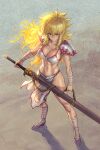  1girl alternate_costume armor bandaged_arm bandaged_leg bandages bangs bikini_armor blonde_hair breasts cleavage collarbone drill_locks eyebrows_visible_through_hair fantasy floating_hair fujii_eishun hair_behind_ear highres holding holding_sword holding_weapon iczer-1 iczer_(series) long_hair midriff navel pelvic_curtain pointy_ears solo sword tatakae!!_iczer-1 weapon 