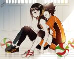  1boy 1girl ball bare_arms bare_shoulders black_hair black_legwear blush breasts closed_mouth from_side haikyuu!! hetero hug hug_from_behind indoors knee_pads medium_hair mole mole_under_mouth multicolored_hair nishinoya_yuu rimless_eyewear shimizu_kiyoko shoes short_shorts shorts sitting sneakers sportswear streaked_hair two-tone_hair volleyball_uniform yasai_(getsu) 